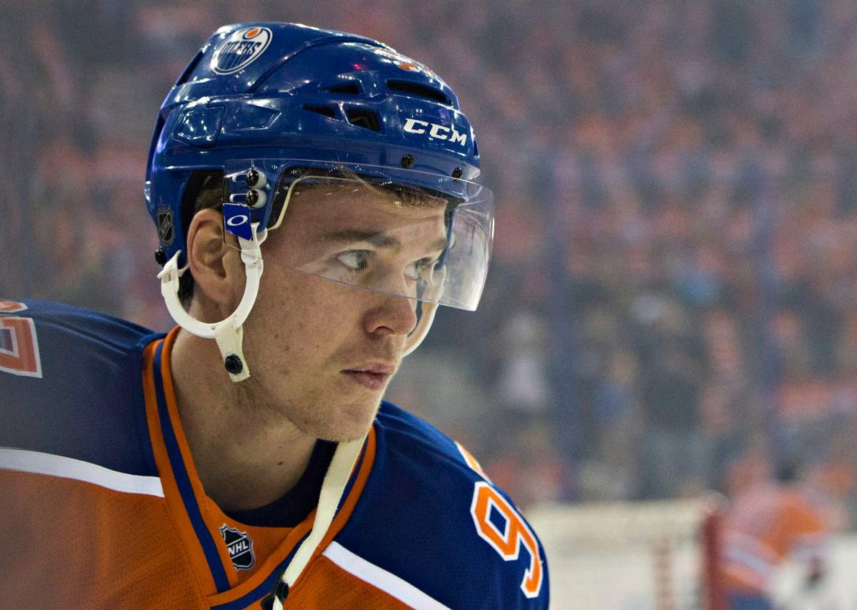 Edmonton Oilers' Connor McDavid (97) skates during warm up before playing against the St. Louis Blues in NHL action in Edmonton, Alta., on Thursday October 15, 2015.