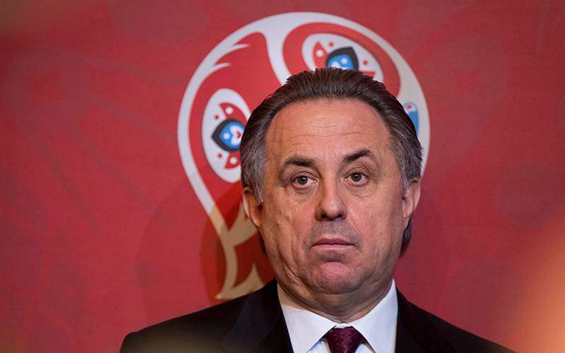 Russian Sports Minister Vitaly Mutko speaks during a ceremony marking a start of 500 days countdown to the FIFA Confederations Cup in Moscow, Russia, Wednesday, Feb.  3, 2016. 