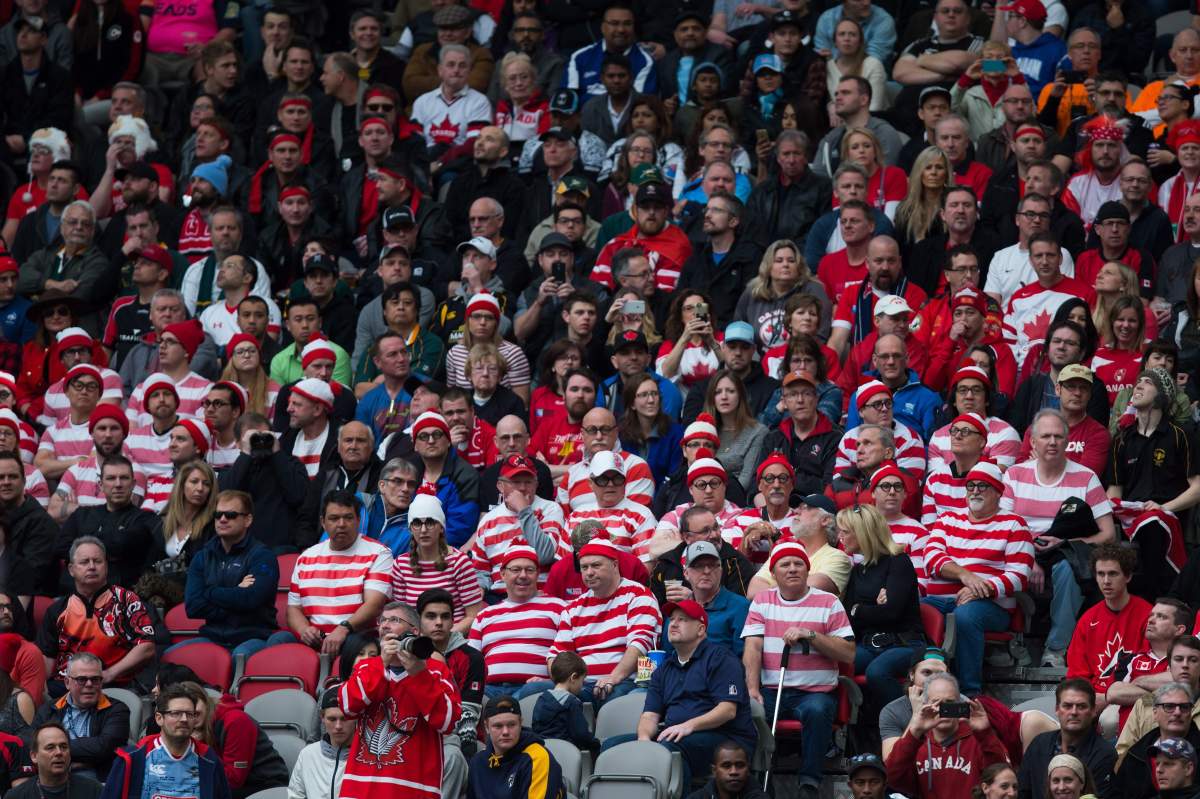 Spectators dressed as the character Waldo watch Canada and Wales play during World Rugby Sevens Series’ Canada Sevens tournament action, in Vancouver, B.C., on Saturday March 12, 2016. THE CANADIAN PRESS/Darryl Dyck