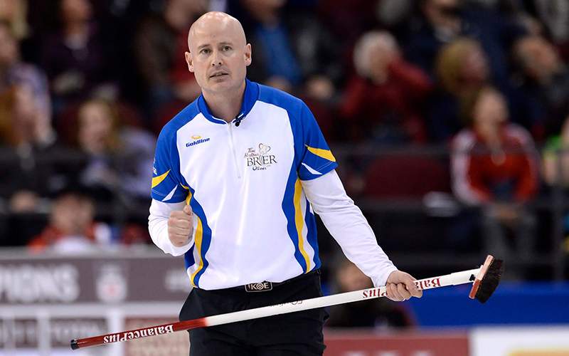 Team Alberta skip Kevin Koe pumps his fist after scoring three in the seventh end during championship match action against Team Newfoundland and Labrador at the Brier curling championship in Ottawa on Sunday, March 13, 2016. 