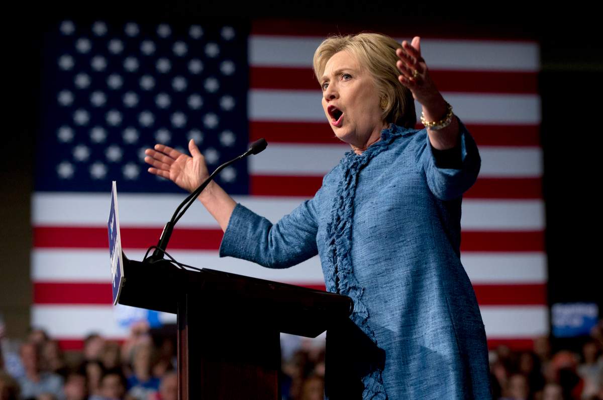 Democratic presidential candidate Hillary Clinton speaks during an election night event at the Palm Beach County Convention Center in West Palm Beach, Fla. 