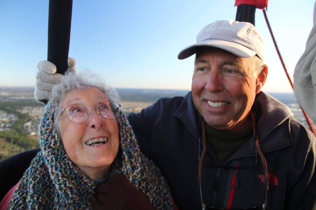 Norma and her son Tim ride a hot air balloon in Florida.