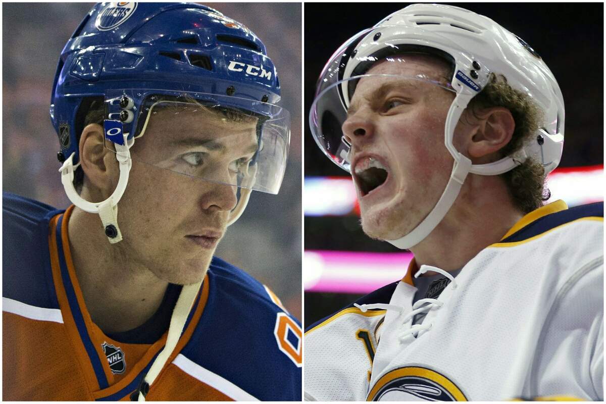 LEFT: Edmonton Oilers' Connor McDavid in Edmonton, Alta., on Thursday October 15, 2015. (The Canadian Press/Jason Franson)
RIGHT: Buffalo Sabres' Jack Eichel celebrates a goal on Saturday, Dec. 26, 2015. (AP Photo/Michael Dwyer).