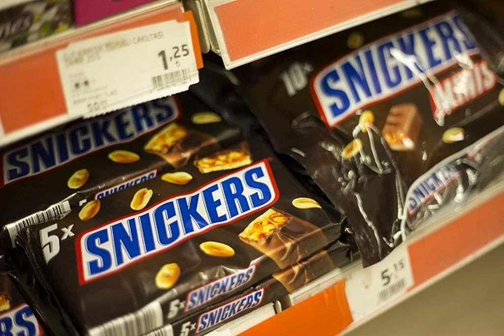Snickers chocolate bars are seen at a market in Ankara, Turkey on February 25, 2016.