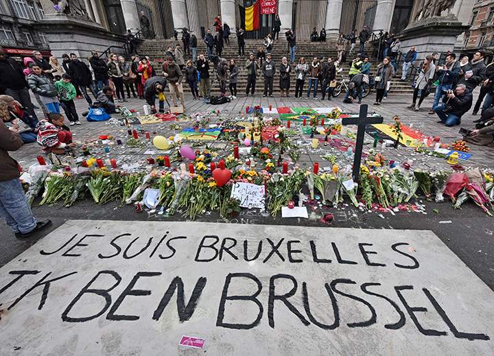 A banner for the victims of the bombings reads “I am Brussels” at the Place de la Bourse in the center of Brussels, Wednesday, March 23, 2016.
