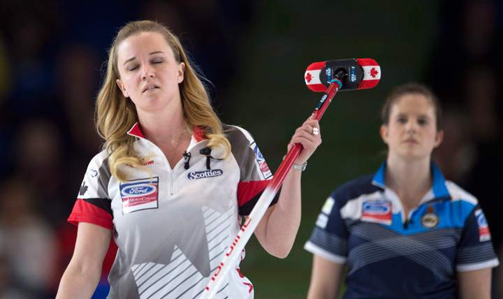 Team Canada skip Chelsea Carey reacts to a shot during the 17th draw against Scotland at the women's world curling championship in Swift Current, Sask. Thursday, March 24, 2016.