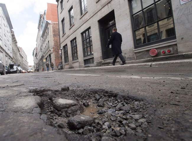 A pothole in downtown Montreal.