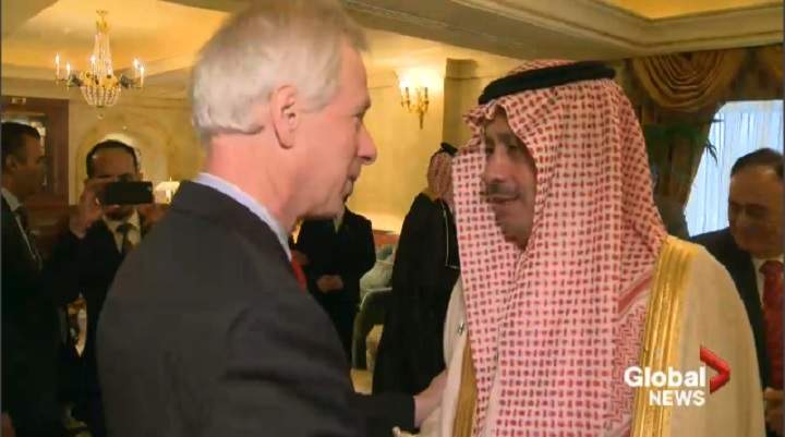 Foreign Affairs Minister Stephane Dion greets Saudi Ambassador Alsudairy at a recent dinner in Ottawa,.