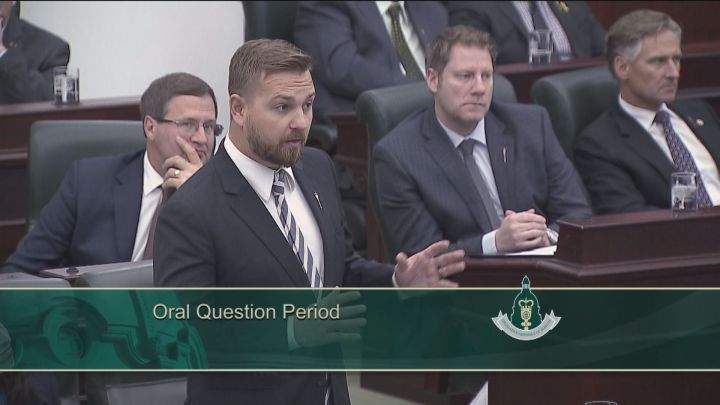 Opposition finance critic Derek Fildebrandt speaks during question period at the Alberta legislature on Wednesday, March 9, 2016.