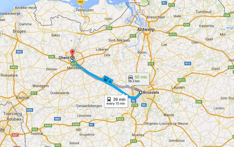Ghent is about one hour drive away from Brussels.