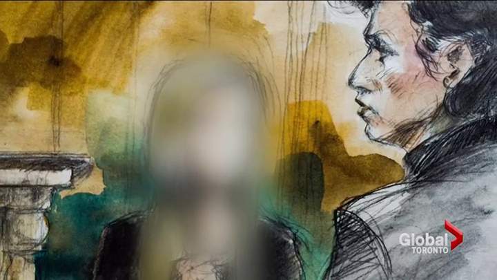 The first witness in the Jian Ghomeshi trial is seen testifying in the presence of defence lawyer Marie Henein in this Feb. 2, 2016 court sketch (Pam Davies/Global News).