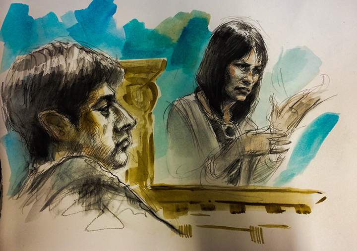Trailer Park Boys actress Lucy Decoutere is seen testifying in the Jian Ghomeshi trial in this Feb. 2 court sketch (Pam Davies/Global News).