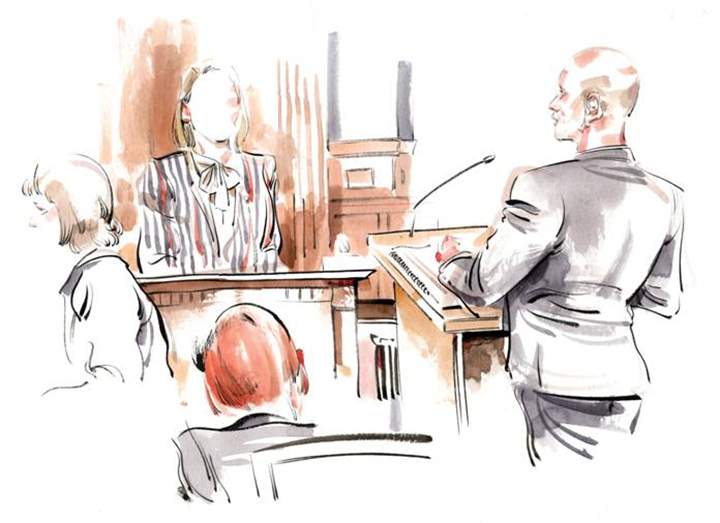 Crown lawyers Michael Callaghan (right) and Corie Langdon (bottom) question the third complainant during her testimony Feb. 8, 2016 court sketch.