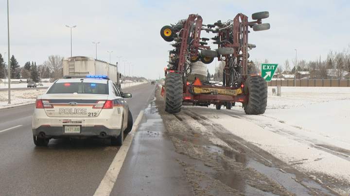 A cultivator was damaged after it hit the overpass at Highway 11 and Circle Drive.