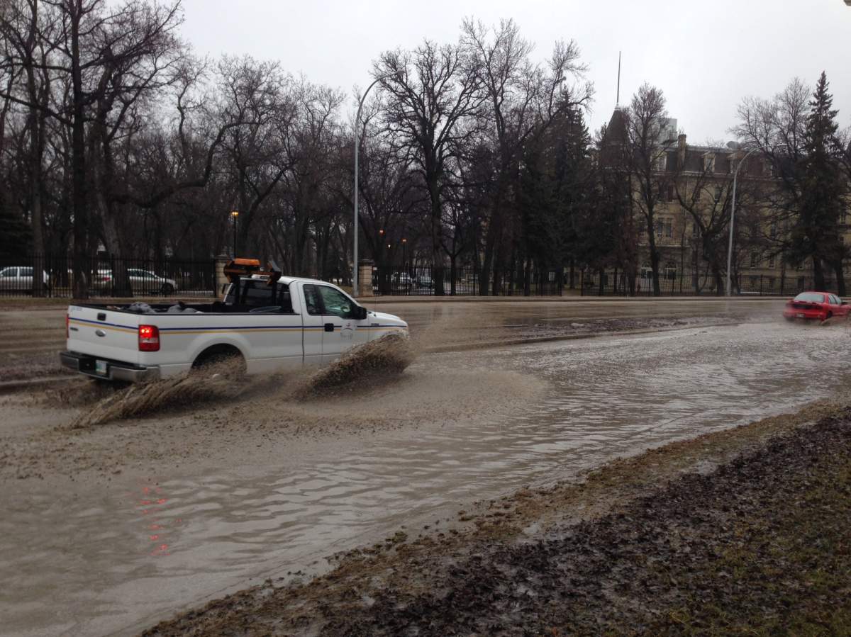Tuesday's rain is causing some pooling around city streets. Academy Road just past Wellington Crescent, had nearly two feet of water in the street.
