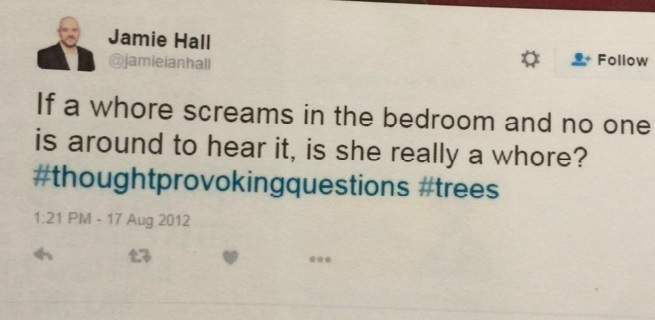 A tweet sent by Jamie Hall in 2012.