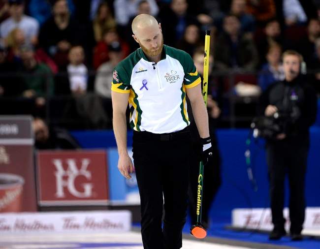 Northern Ontario skip Brad Jacobs reacts after a shot during a draw against Alberta during semi-final competition at the Tim Hortons Brier men's curling championship in Ottawa on Saturday March 12, 2016. 