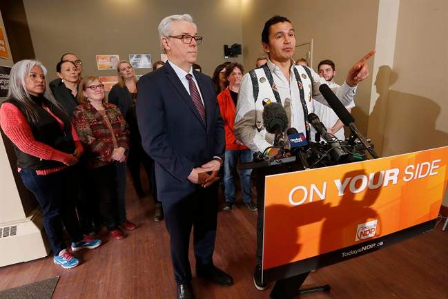 Former premier Greg Selinger is seen with then-candidate Wab Kinew in this 2016 file photo.