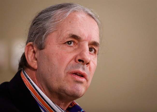 Former professional wrestler Bret Hart discusses the importance of PSA testing for men at a news conference in Calgary, Alta., Monday, March 7, 2016.