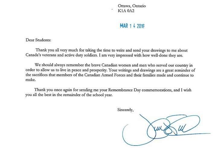 A copy of the letter from Prime Minister Justin Trudeau thanking Saint-Lambert Elementary students for the Remembrance Day artworks, Tuesday, March 22, 2016.