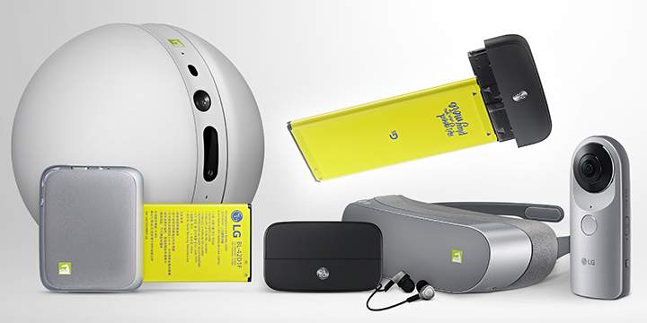 LG G5 with Friends accessories from left: the LG Rolling Bot, LG Cam Plus, H3 buds, LG HiFi Plus, LG 360 VR LG 360 Cam