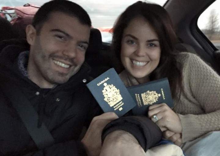 Matthew Schreindorfer and Katia Luciani flash their passports as they head to Maryland for an experimental cancer treatment, Tuesday, March 15, 2016.