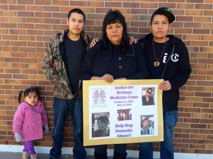 Dorothy Medicine Crane outside Cardston courthouse Monday with her two sons and granddaughter.