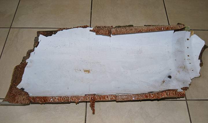 A piece of debris bearing rivet holes and identification marks which may be part of the missing Malaysia Airlines Flight MH370, is pictured in Wartburg, 37km out of Pietermaritzburg, South Africa, Wednesday, March 9, 2016.