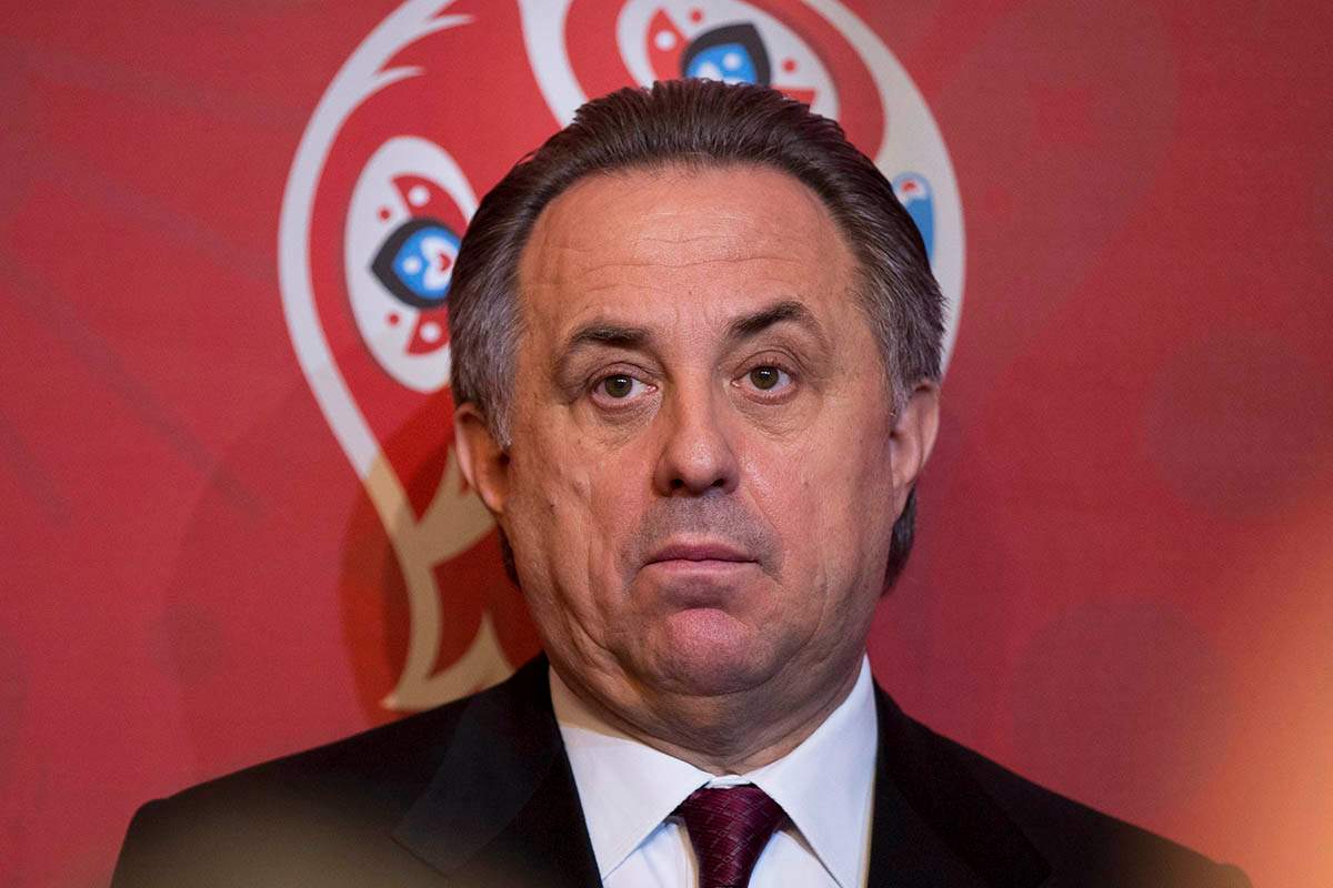 Russian Sports Minister Vitaly Mutko speaks during a ceremony marking a start of 500 days countdown to the FIFA Confederations Cup in Moscow, Russia, Wednesday, Feb.  3, 2016. 