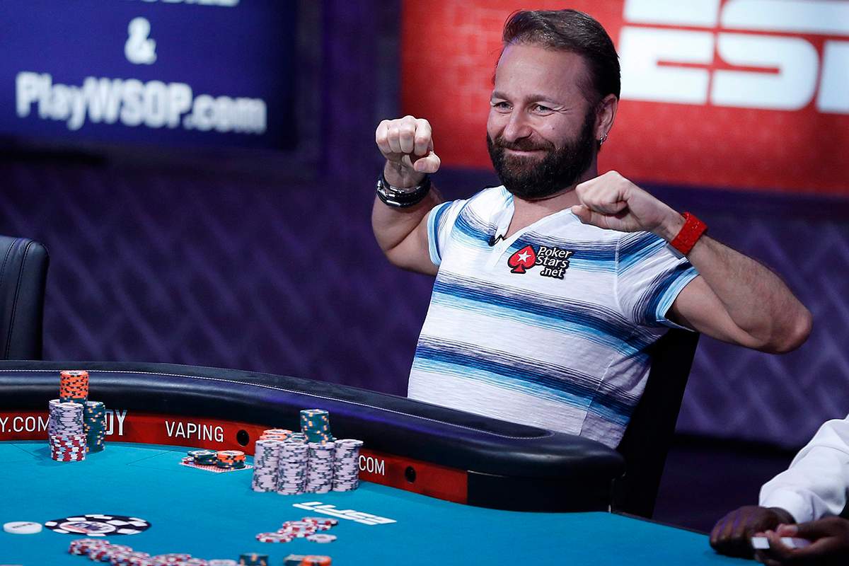 Daniel Negreanu stretches while playing at the World Series of Poker main event Tuesday, July 14, 2015, in Las Vegas. 