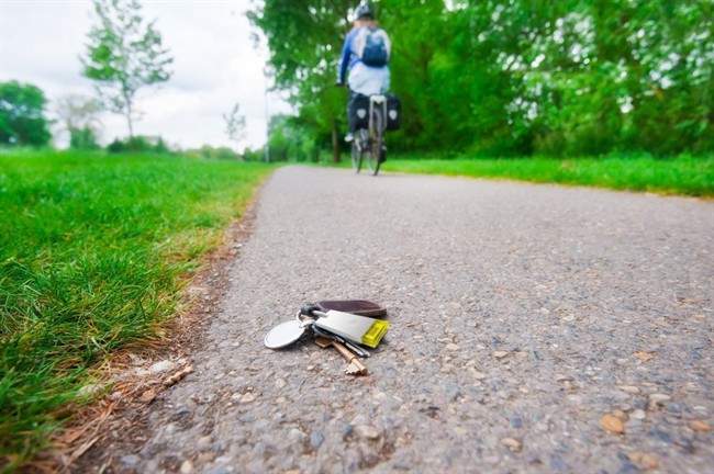 This photo provided by Wistiki shows a new app and gadget called Wistiki that uses technology to pinpoint the spot where items were lost. Lost keys and wallets can cost families time, money and stress. 