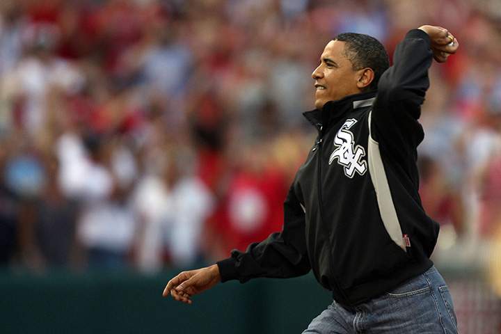 U.S. President Barack Obama throws out the first pitch at the 2009 MLB All-Star Game at Busch Stadium on July 14, 2009 in St Louis, Missouri.