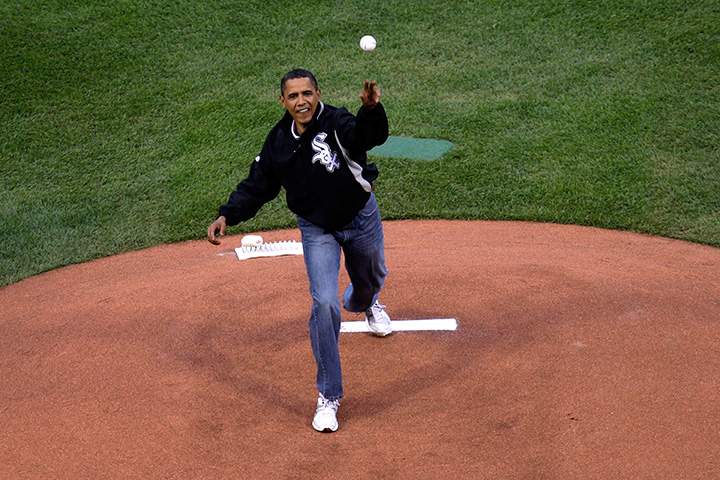 U.S. President Barack Obama throws out the first pitch at the 2009 MLB All-Star Game at Busch Stadium on July 14, 2009 in St Louis, Missouri.