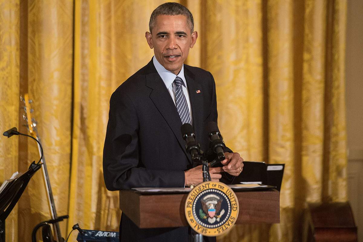 US President Barack Obama speaks in the East Room of the White House before a performance of the musical Hamilton in Washington, DC, on March 14, 2016.