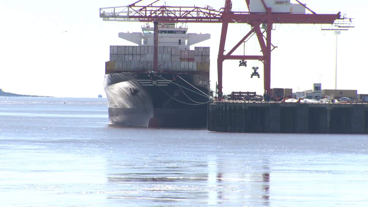 A container ship is docked at the Port of Saint John, March 30, 2016.