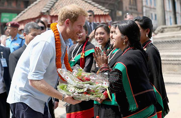 Prince Harry arrives at Katmandu’s Durbar Square on day two of his visit to Nepal on March 19, 2016 in Kathmandu, Nepal.