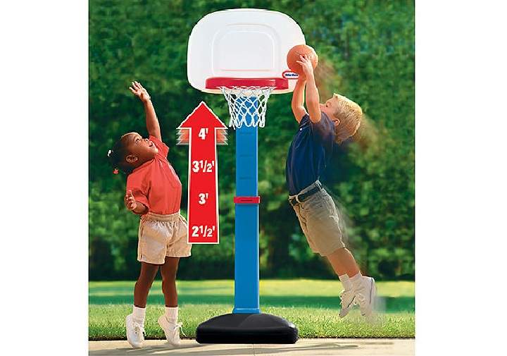 The Easy Score basketball set "adjusts to six heights, ranging from two to four feet." $39.99.