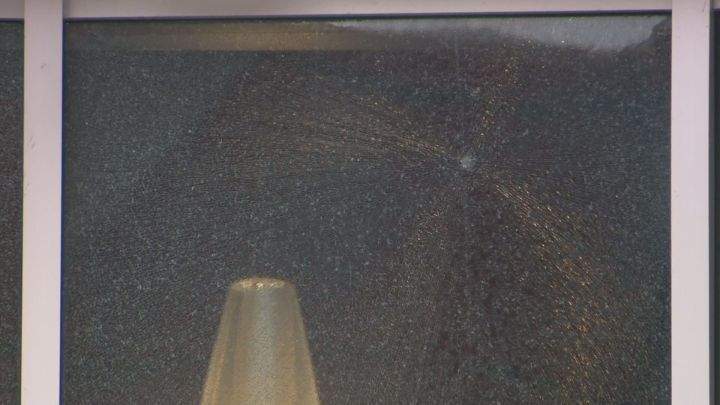 A window is damaged at the downtown Red Deer RCMP detachment after police say the building was shot at on Monday, March 14, 2016.