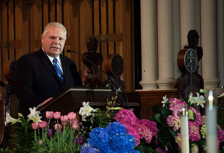 Brother Doug Ford speaks at former Toronto mayor Rob Ford’s funeral at St. James Cathedral in Toronto on Wednesday, March 30, 2016.