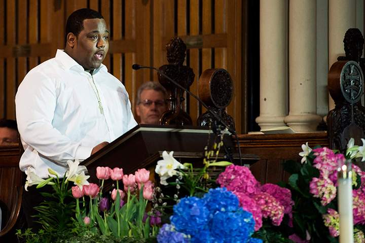 Clinton Leonard, a former football player Rob Ford coached, speaks at the former mayor’s funeral at St. James Cathedral in Toronto on Wednesday, March 30, 2016.