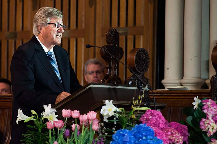 Former Ontario premier Mike Harris speaks at former Toronto mayor Rob Ford’s funeral at St. James Cathedral in Toronto on Wednesday, March 30, 2016.