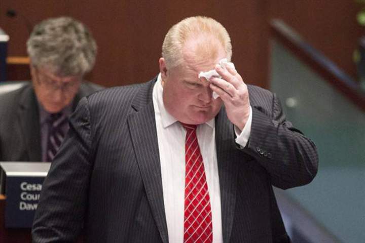 Rob Ford wipes his brow in the council chamber at city hall as councillors look to pass motions to limit his powers on Monday November 18, 2013 (THE CANADIAN PRESS/Chris Young).