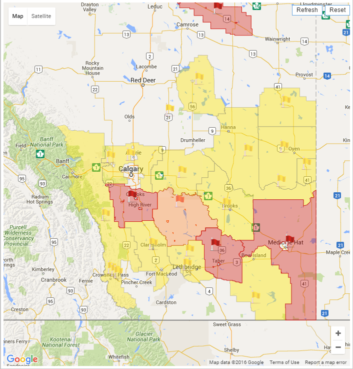 AlbertaFireBans.ca shows a number of counties in southern Alberta under fire bans, restrictions and advisories as of March 30, 2016.