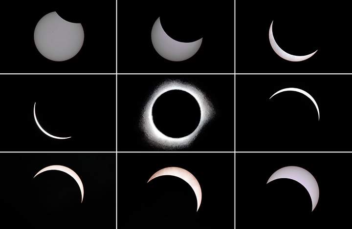This photo combo shows the moon passing in front of the sun during a total solar eclipse in the city of Ternate, in Indonesia’s Maluku Islands, on March 9, 2016.