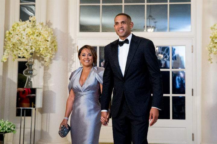 Grant Hill and his wife Tamia arrive for a State Dinner for Canadian Prime Minister Justin Trudeau, Thursday, March 10, 2016, at the White House in Washington.