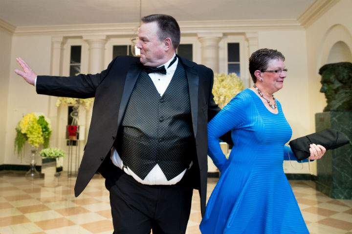 Sen. Jon Tester, D-Mont., and his wife Sharla arrive for a State Dinner for Canadian Prime Minister Justin Trudeau, Thursday, March 10, 2016, at the White House in Washington.