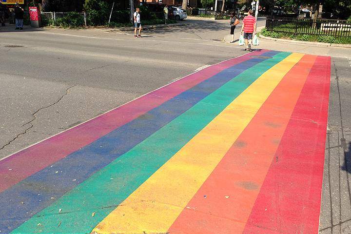 A painted crosswalk is seen in Toronto as part of Pride Festival.