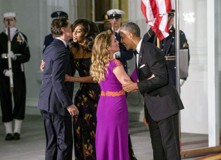 President Barack Obama and first lady Michelle Obama greet Prime Minister Justin Trudeau and Sophie Grégoire Trudeau at the North Portico of the White House in Washington, Thursday, March 10.