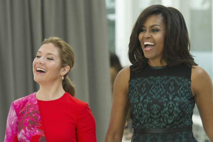 First lady Michelle Obama and Sophie Grégoire-Trudeau, wife of Canadian Prime Minister JustinTrudeau, participate in a program at the U.S. Institute of Peace in Washington, Thursday, March 10, 2016, to highlight Let Girls Learn efforts and raise awareness for global girl’s education.