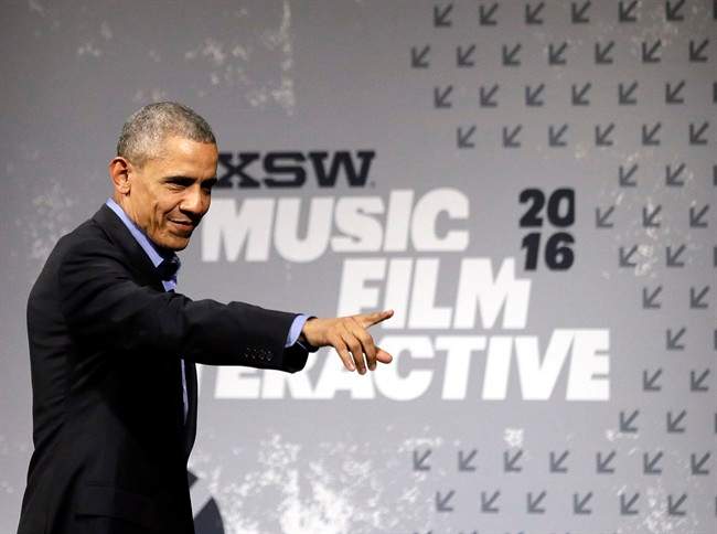 President Barack Obama waves to the audience after taking part in a South by Southwest Interactive, Friday, March 11, 2016, in Austin, Texas.